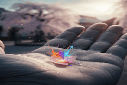 A single cherry blossom petal on a palm, with vibrant colors splashing out to paint the world, representing "One Petal, One World." （世界を彩るために鮮やかな色が溢れ出す、手のひらの上の一片の桜。「ひとひらの世界」を象徴する一枚。）